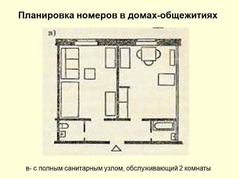 Планировка номеров в домах-общежитиях в- с полным санитарным узлом, обслуживающий 2 комнаты